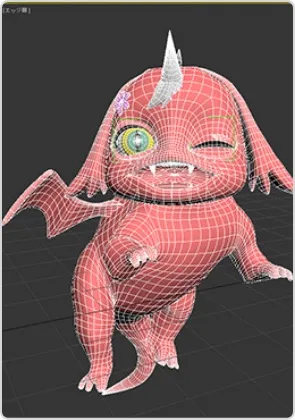 3DCGで作成したドラゴンのモデリング画面。ワイヤーフレームを表示した状態